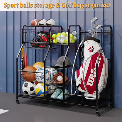 Golf Bag Storage Rack - Fits 2 Golf Bags, Garage Sports Equipment Organizer with Baskets, Garage Organizers and Storage with Hooks, Movable Ball Storage Cart with Wheel for Garage, Gym, Shed, Outdoor