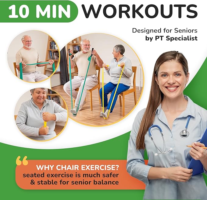 Chair Exercises for Seniors - Two Resistance Bands, Handles, and Printed Exercise Guide. Adjustable Fitness Equipment for Seniors, Elderly Home. Occupational & Physical Therapy Aids