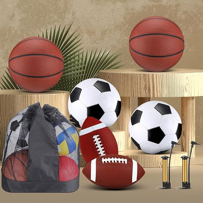 Lenwen 6 Pcs Sport Balls Set for Kids Teens, Include Official Size Basketball Football Soccer Ball with Sport Equipment Bags and Pumps for Training Practice Kids Teens Youth Game Gift