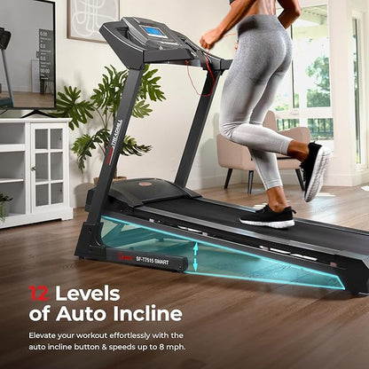 Sunny Health & Fitness Premium Treadmill with Auto Incline, Dedicated Speed Buttons, Double Deck Technology, Digital Performance Display, BMI Calculator & Pulse Sensors with Optional SunnyFit App