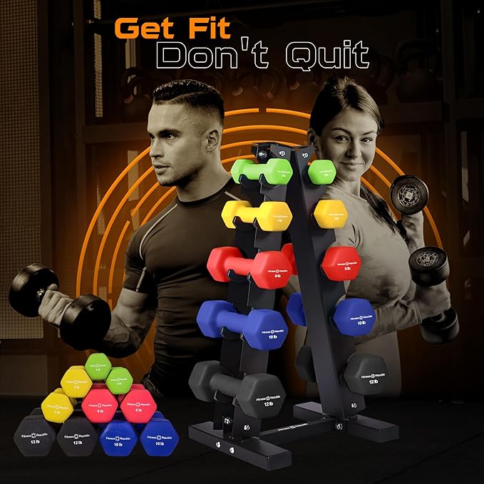 Neoprene Workout Dumbbell set with Rack 2.00MM - Non Slip, Anti Roll & Hex Shape - Fitness Dumbbells Combo, Space Saving Ideal for Home and Gym training