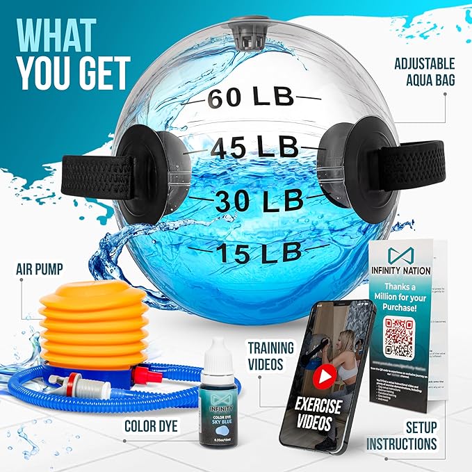 Large Aqua Bag for Workout - 15 to 60 LB Water Weight Adjustable - Exercise Videos Included - Water Ball - Water Weight Bag