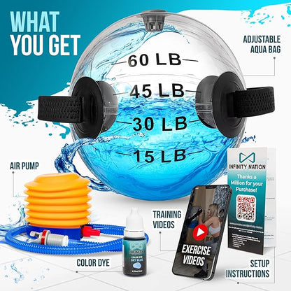 Large Aqua Bag for Workout - 15 to 60 LB Water Weight Adjustable - Exercise Videos Included - Water Ball - Water Weight Bag