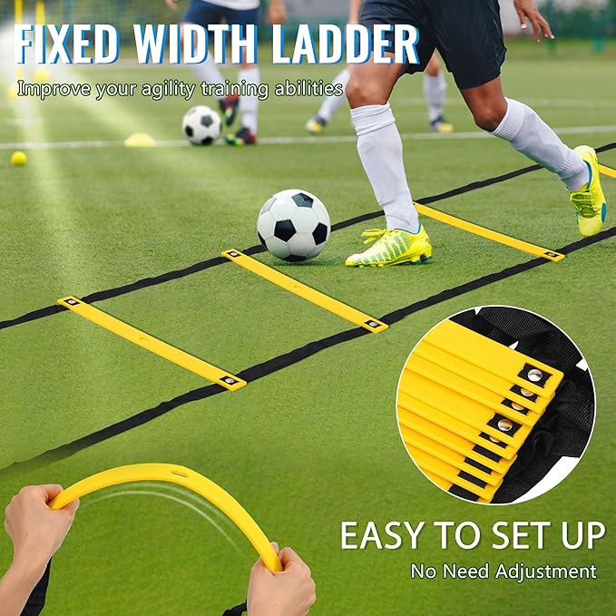 Fixed Rung Agility Ladder 丨20ft 12 Rungs No Tangle Spped and Agility Training Equipment Footwork Ladder with Carrying Bag/Ground Stakes for Adults Youth Kids