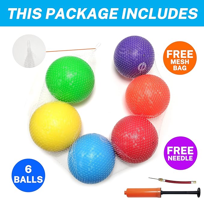 Dodgeballs Playground Balls, Dodge Ball Set for Kids & Adults, Bouncing Kickballs Handball for Outdoor & Indoor Games - Includes Pump & Mesh Storage Bag