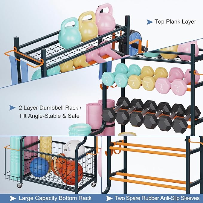 Weight Rack for Dumbbells, Yoga Mat Storage Rack Home Gym Equipment Storage Rack Cart for Dumbbells Kettlebells Yoga Mat, All in One Workout Equipment Storage Organizer Cart with Wheels and Hooks