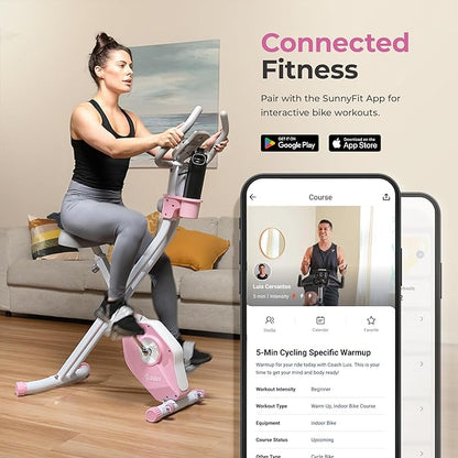 Sunny Health & Fitness Smart Foldable Exercise Bike, Portable Compact X-Bike for Indoor Cycling Workout, Cardio Training Machine for Home, Exclusive Bluetooth Connection With SunnyFit App