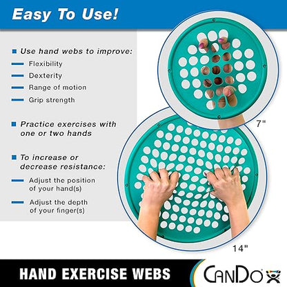 CanDo Hand Exercise Webs for Physical Therapy, Grip Strengthening, and Hand, Finger, Wrist Resistance Workouts, Portable Size, Low Powder, 7" Diameter, Yellow: X-Light