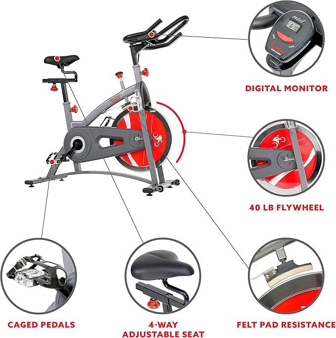 Sunny Health & Fitness Indoor Cycling Exercise Bike with LCD Digital Monitor, Heavy-Duty 40 LB Flywheel, Stationary Bike with Customizable Comfort and 265 LB Max Weight - SF-B1423/C