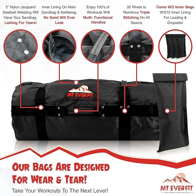 Sandbag Workout Bag & Sandbag Kettlebell Set - Heavy Duty Functional Triple Stitched Fitness Sandbags Made from 1050 Cordura with 8 Thick Foam Padded Handles & 3 Inner Bags