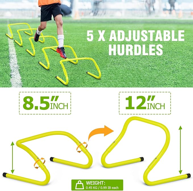 Speed and Agility Training Equipment: 5 Adjustable Agility Hurdles. 20ft Agility Ladder, Soccer Training Equipment Set for Kids Youth Adults