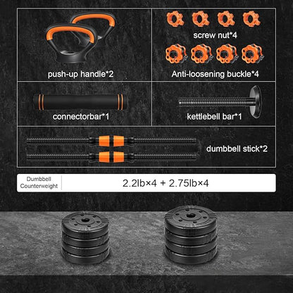 EDOSTORY Adjustable Dumbbell Set, 22/44/66/88lbs Free Weights Dumbbells for Home Gym, 4 in 1 Set, Barbell Set, Dumbbell Set, Kettlebell Set and Push-ups, Non-slip Handles, Fitness for Men Women