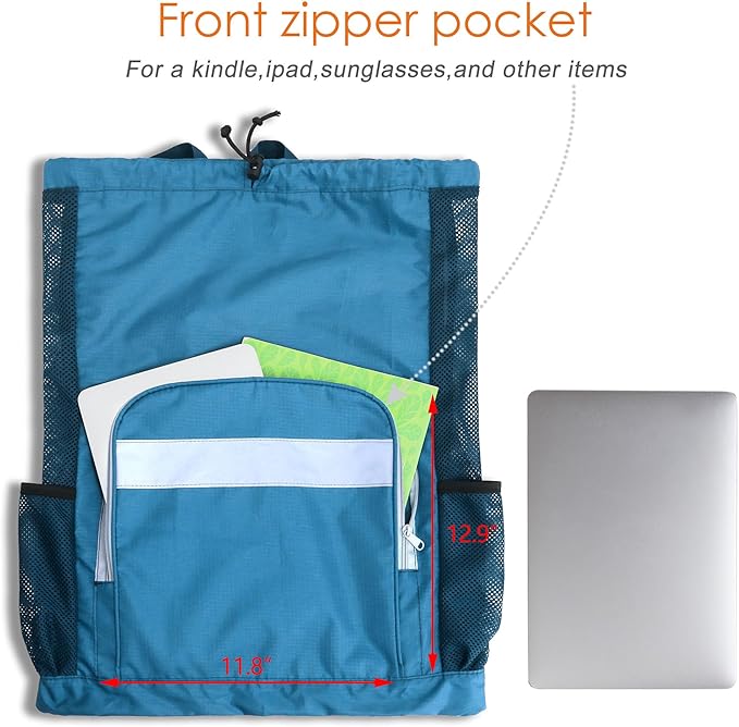 BeeGreen Gym Bag Drawstring Backpack With Zipper Pocket Swim Bag for Men Women Swimmers Sports Bag for Beach Pool Workout Gifts With 2 Mesh Pockets Cinch Bag Lake Blue