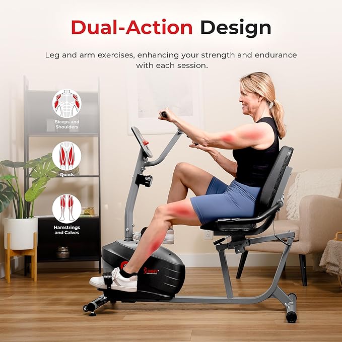 Sunny Health & Fitness Smart Magnetic Recumbent Exercise Bike with Optional SunnyFit App Bluetooth Connectivity, Full Body Workout, Large Ergonomic Seat, Bike for Adult & Seniors with Arm Exerciser