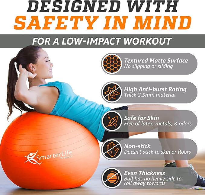 SmarterLife Workout Exercise Ball for Fitness, Yoga, Balance, Stability, or Birthing, Great as Yoga Ball Chair for Office or Exercise Gym Equipment for Home, Premium Non-Slip Design