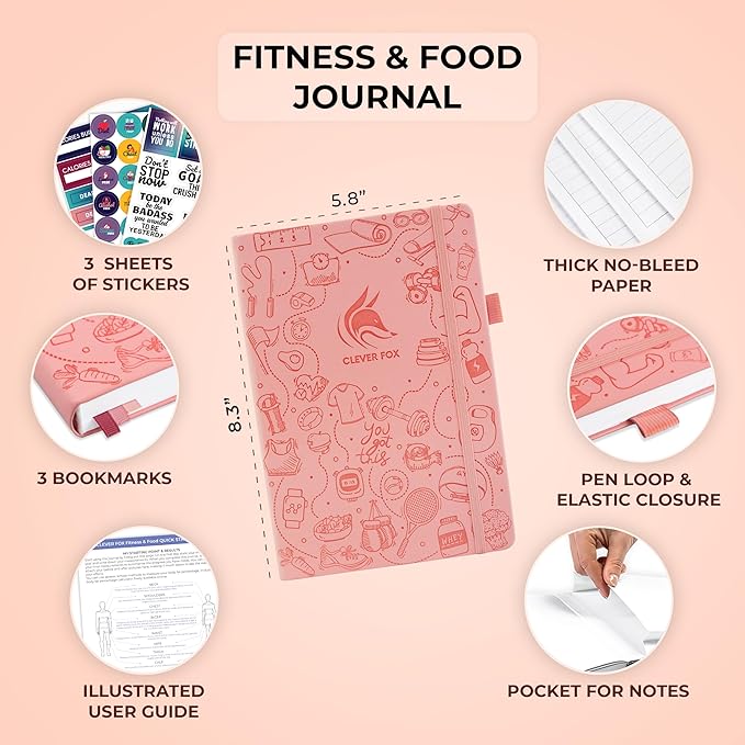 Clever Fox Fitness & Food Journal – Nutrition & Workout Planner for Women & Men – Diet & Gym Exercise Log Book with Calendars, Diet & Training Trackers - Undated, A5 Size, Hardcover (Light Pink)