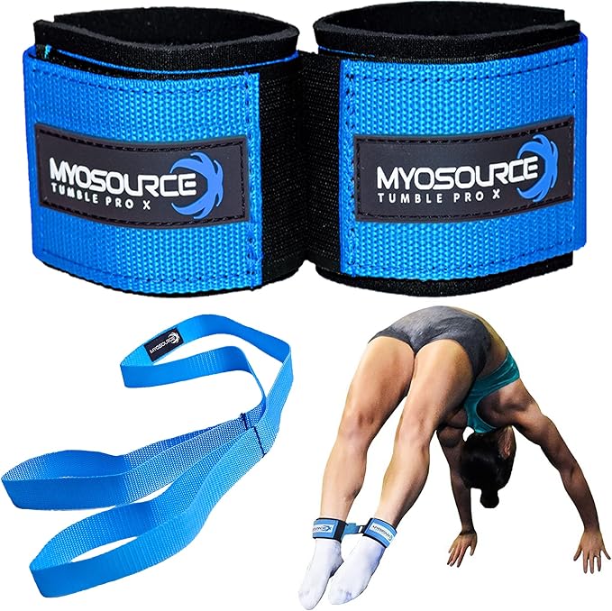 Myosource Kinetic Bands Tumble Pro X Ankle Straps Kit – Cheerleading Standing Tumbling Equipment, Gymnastics Backhandspring Trainer – Includes Flexibility Stunt Stretch Strap – Blue or Pink