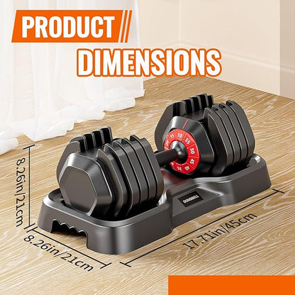 55 LB Adjustable Dumbbell with Tray, 10LB to 55LB Quick Weight Adjust Single Dumbbell with Anti-Slip Metal Handle, Free Weight Workout Equipment for Home Gym Weight Strength Training (10 Gears)