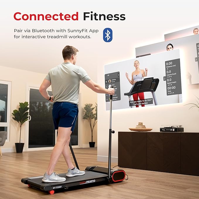 Sunny Health & Fitness Slim Under Desk Walking Compact Treadpad Treadmill with Remote Control, LCD Display, Optional SunnyFit App Enhanced Bluetooth Connectivity