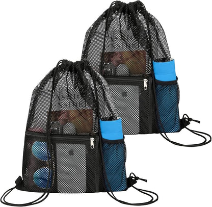 NATURAL STYLE 2 PACK Mesh Drawstring Backpack Bag, Multifunction Mesh Bag for Swimming, Athletic Gym, Clothes, Beach, Swim (Black)