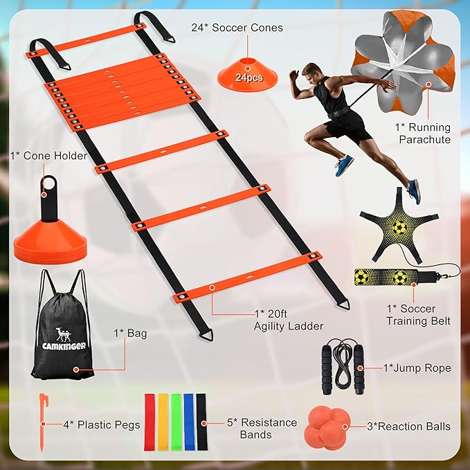 Agility Ladder Agility Training Equipment Set-20ft Speed Ladder/Running Parachute/24 Soccer