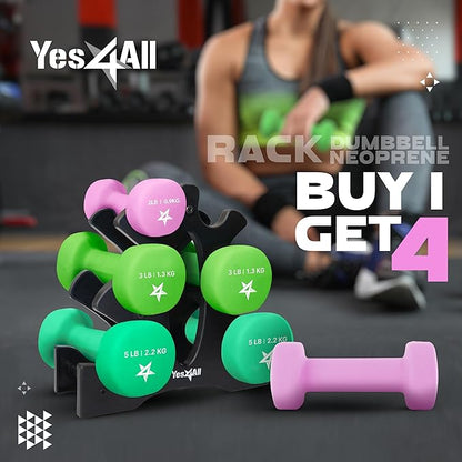 Yes4All Neoprene Coated Dumbbell Hand Weight Sets - Multiple Weight Options with Rack, Anti-roll, Anti-Slip, Hexagon Shape