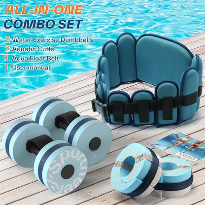 Sportneer Water Aerobics Pool Exercise Equipment New 6-Piece Water Fitness Set Includes High Density Water Weight Swim Belt Water Ankle Weights for Aqua Therapy Pool Fitness Water Exercise