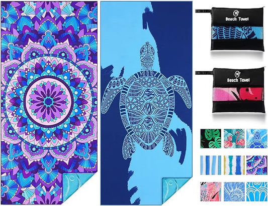 2 Pack Lightweight Thin Beach Towel Oversized 71"x32" Big Extra Large Microfiber Sand Free Towels for Adult Quick Dry Travel Camping Beach Accessories Vacation Essential Gift Blue Sea Turtle Mandala