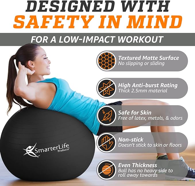 SmarterLife Workout Exercise Ball for Fitness, Yoga, Balance, Stability, or Birthing, Great as Yoga Ball Chair for Office or Exercise Gym Equipment for Home, Premium Non-Slip Design