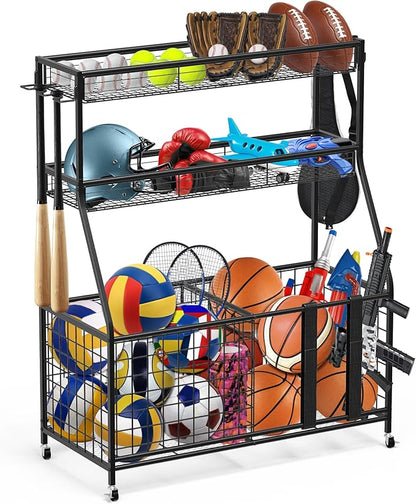 Uboway Garage Organizers and Storage - Sports Equipment Organizer with Basket and Hooks, Toys Storage Organizer, Ball Storage Rack for Basketball,Tennis Ball, Volleyball, Football, Baseball, Black