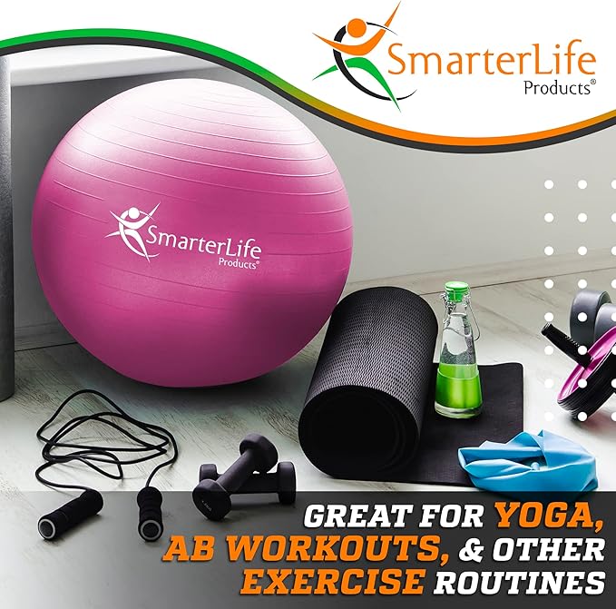 SmarterLife Workout Exercise Ball for Fitness, Yoga, Balance, Stability, or Birthing, Great as Yoga Ball Chair for Office or Exercise Gym Equipment for Home, Premium Non-Slip Design