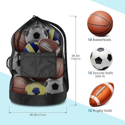 BROTOU Extra Large Sports Ball Bag, Ball Bags for Coaches, Adjustable Shoulder Strap and Hanging Ears with Handle, Mesh Sports Bag for Holding Basketball, Volleyball, Swimming Gear (30” x 40”)