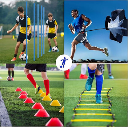 Agility Ladder Speed Training Equipment Set-20ft Agility Ladder, 6 Agility Poles, 12 Soccer Cones, Running Parachute, Jump Rope| Basketball Football Soccer Training Equipment for Kids Youth Adults