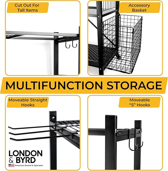 London & Byrd - Assemble in Minutes - Home Gym Storage Rack. Steel Construction, Heavy Duty Wheels, with Basket and Hooks. Great for Yoga mat Storage, Kettlebell Storage, and Small Dumbbell Storage.