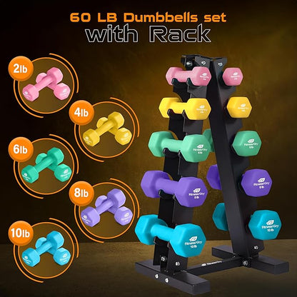 Neoprene Workout Dumbbells - Non Slip, Anti Roll Exercise & Fitness Dumbbells set with Rack Combo - Ideal for Home and Gyms training