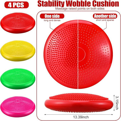 Sotiff 4 Pcs Inflated Wobble Cushion Flexible Wiggle Seat 14” L x 3.2” H Stability Balance Disc with Pump for Sensory Kids Adult Physical Exercise Equipment