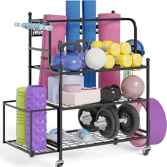 Y&M Yoga Mat Storage Racks, Home Gym Storage Rack for Organizing Kettlebells Dumbbells Foam Roller, All-in-One Workout Equipment Storage Organizer with Hooks and Wheels, Yoga Strap and Resistance Band