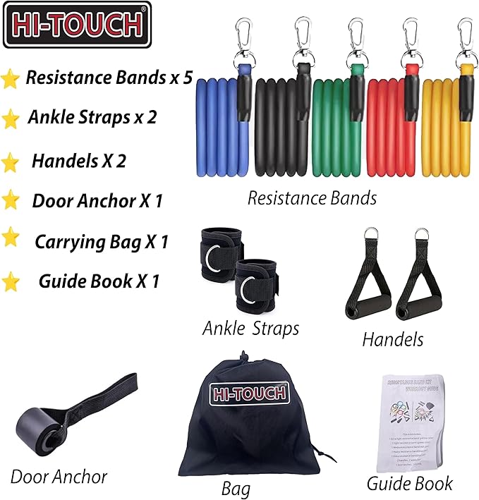 HI- Touch Resistance Bands, Workout Bands, Door Anchor, Exercise Equipment, Legs Ankle Straps, Workout Equipment, Exercise Bands, Exercise Bands Resistance, Workout, Resistance Bands with Handles