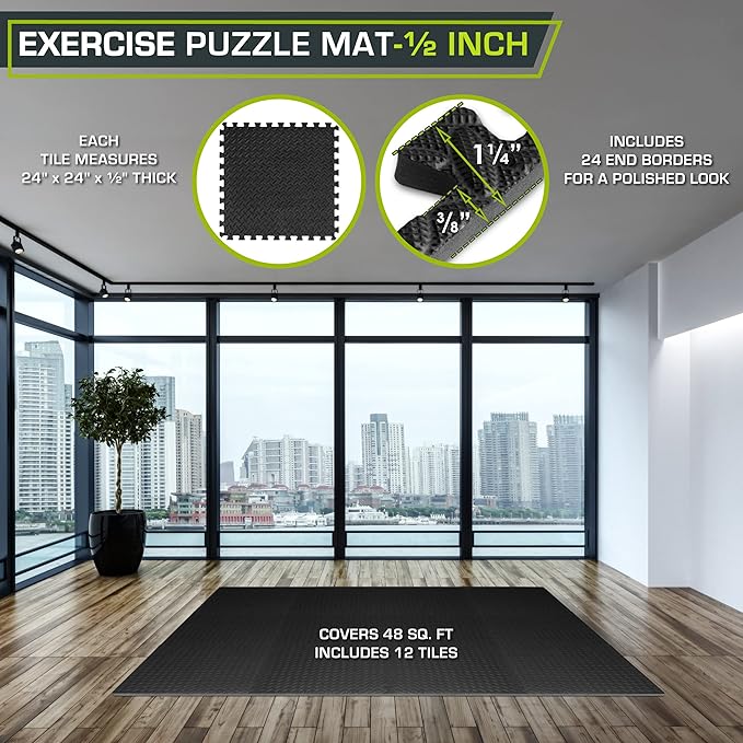 ProsourceFit Puzzle Exercise Mat ½ in, EVA Interlocking Foam Floor Tiles for Home Gym, Mat for Home Workout Equipment, Floor Padding for Kids, Black, 24 in x 24 in x ½ in, 144 Sq Ft - 36 Tiles