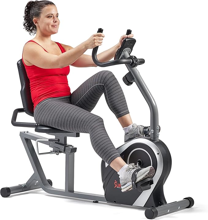 Sunny Health & Fitness Magnetic Recumbent Bike w/ 300LB Weight Capacity & Adjustable Wide Cushioned Seat, Home Exercise Machine for Adult/Seniors, Optional Bluetooth Connect to Exclusive SunnyFit App