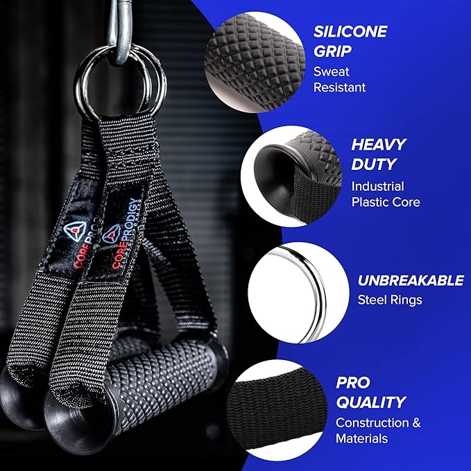 Core Prodigy Heavy Duty Exercise Handles - Grip Attachments for Cable Machine Pulleys, Gym Equipment, Resistance Bands, and Weight Lifting