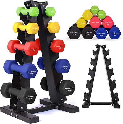 Neoprene Workout Dumbbell set with Rack 2.00MM - Non Slip, Anti Roll & Hex Shape - Fitness Dumbbells Combo, Space Saving Ideal for Home and Gym training