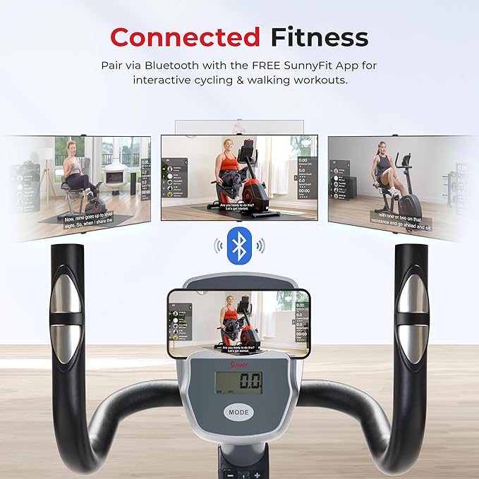 Sunny Health & Fitness Magnetic Recumbent Bike w/Adjustable Wide Cushion Seat, Home Stationary Exercise Machine for Adult/Seniors, Optional Arm Exerciser & Exclusive SunnyFit App Bluetooth Connection