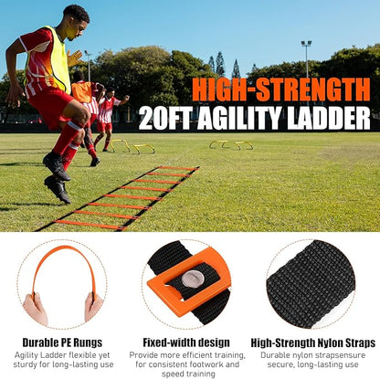 Agility Speed Training Equipment Set - 20ft Speed Ladder 12 Cones, 4 Adjustable 3 Resistance