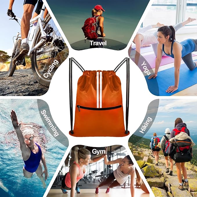 Drawstring Backpack Bag Gym Cinch Draw String Back Bag for Men Women Shopping Sports (Orange)