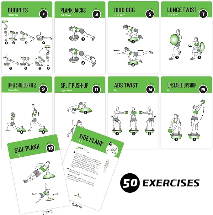 NewMe Fitness Half Balance Ball Workout Cards, Instructional Fitness Deck for Women & Men, Beginner Fitness Guide to Training Exercises at Home or Gym