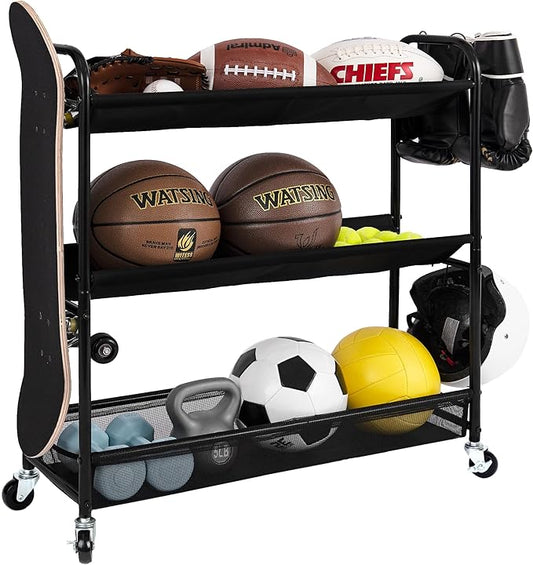 StorageWorks Garage Sports Equipment Organizer with Hooks, Ball Rack Organizer with Wheels, 3-Shelf Ball Rack for Basketball, Football, Volleyball, Medium