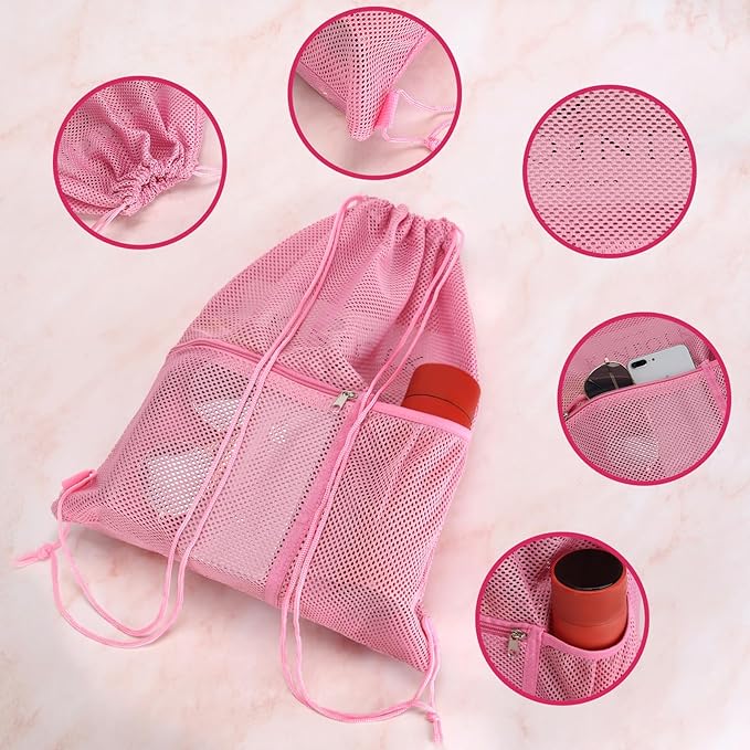 NATURAL STYLE 2 PACK Mesh Drawstring Backpack Bag, Multifunction Mesh Bag for Swimming, Athletic Gym, Clothes, Beach, Swim (Pink)