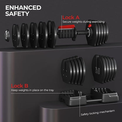 Yaheetech Adjustable Dumbbell Set Free Weight Dumbbells 40lbs/52.5lbs/90lbs Fast Adjust Dumbbells Dumbbell Weight Set, with Tray for Men/Women Strength Training Equipment