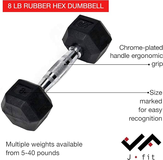 JFIT Rubber Hex Dumbbell - 15 Size, Single and Pair Options, 4-50lbs - Shaped Heads Prevent Rolling and Injury - Ergonomic Hand Weights for Exercise, Therapy, Muscle, Strength and Weight Training